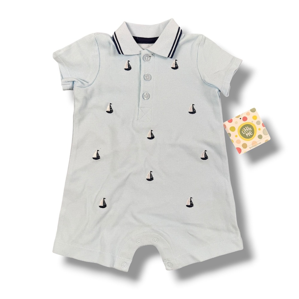 Little Me Baby Boy Light Blue Sailboat Embroidered Polo‎ Romper 6M NWT 871